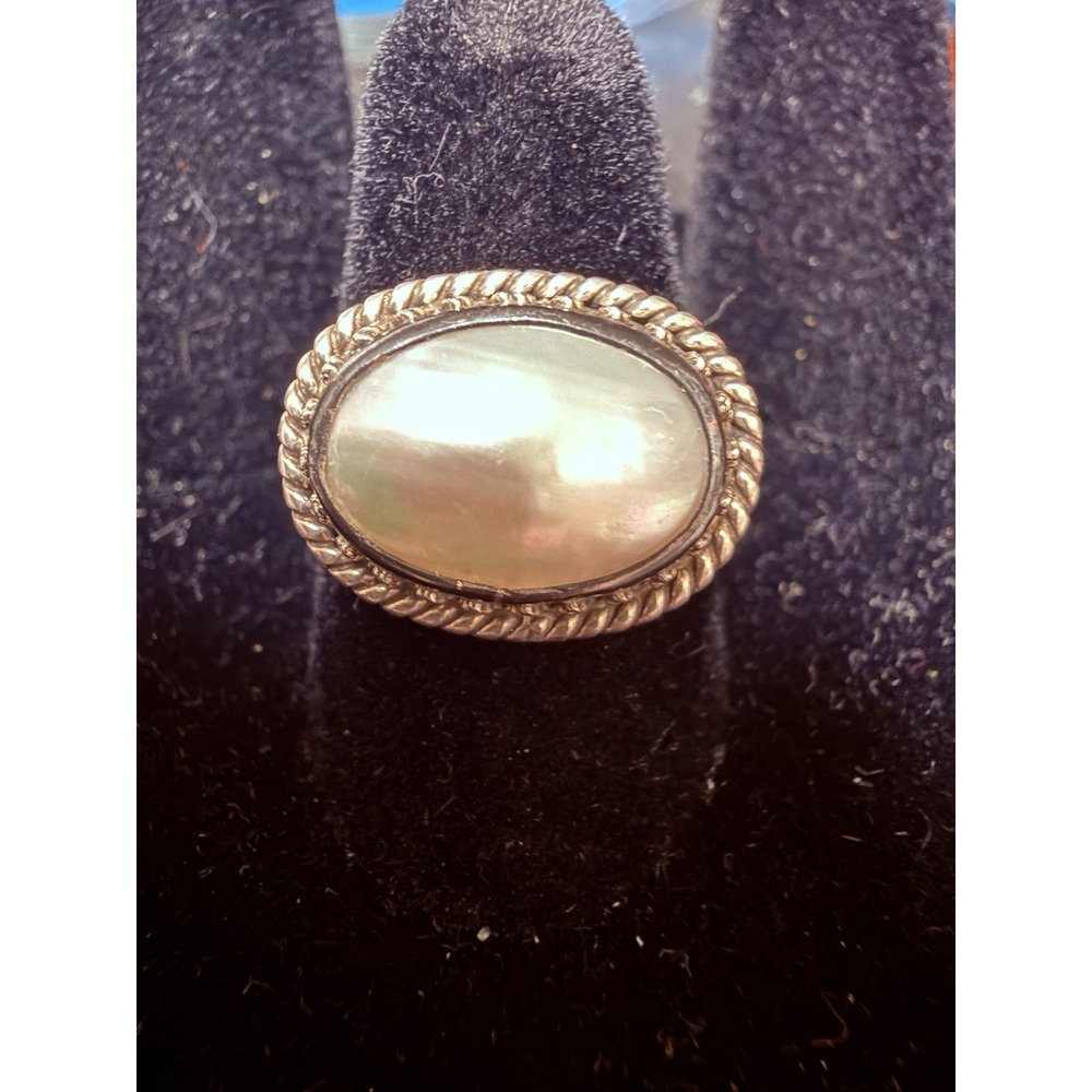 Vintage PRS 925 Sterling Silver Mother of Pearl Oval Ring Size 8 Boho Estate